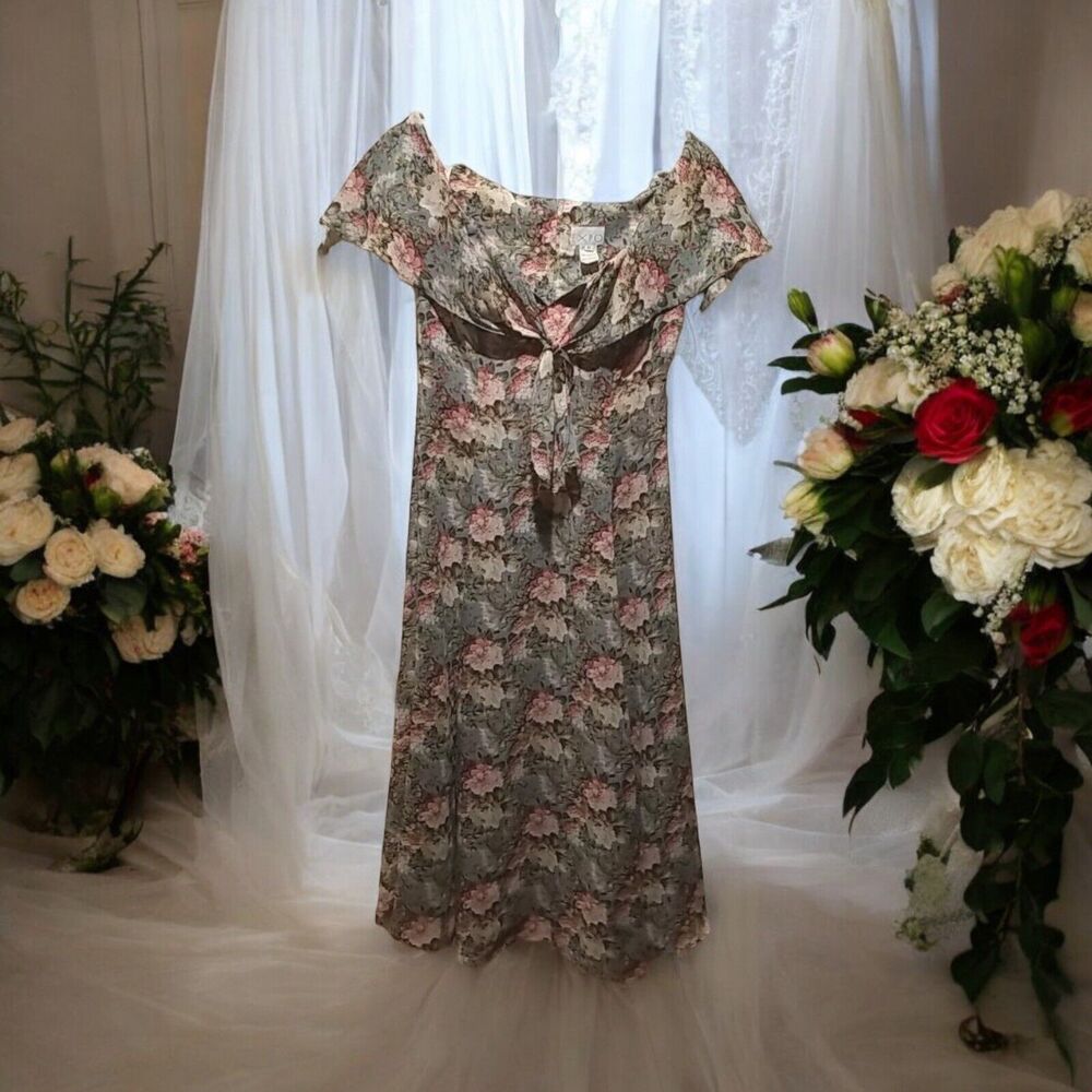 VTG Expo Floral Cottagecore Tea Party Dress Floral Size 8 Midi Sage Green Ivory